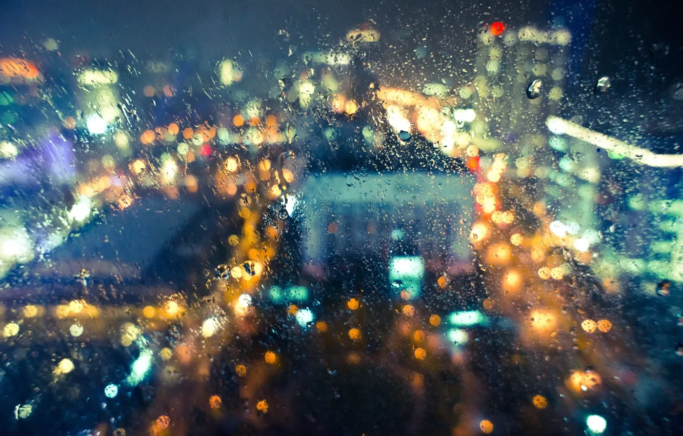 Photo wallpaper glass, drops, light, the city, rain, wet, bokeh