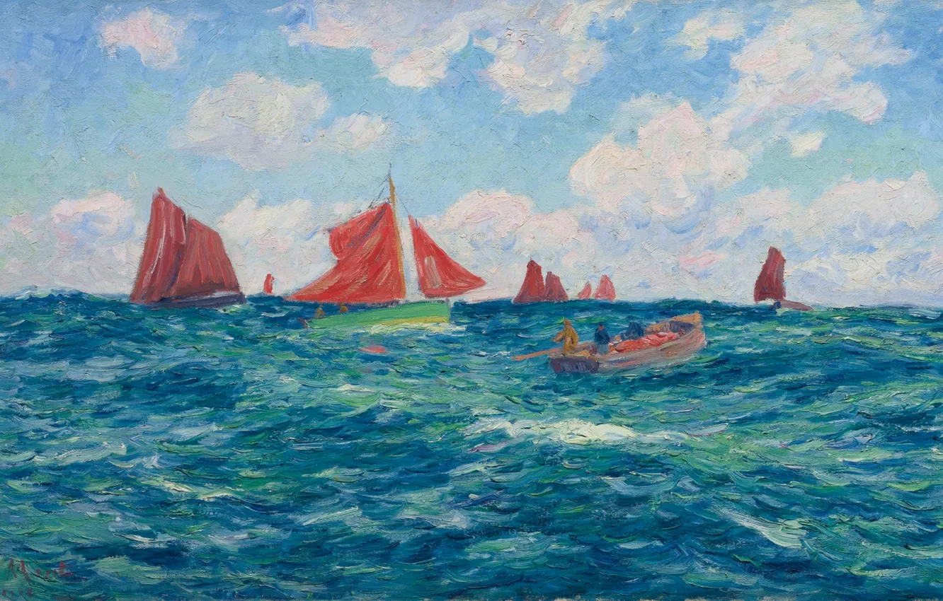Photo wallpaper the sky, clouds, boat, picture, sail, seascape, Henri Moret, Fishing Boats off the Coast