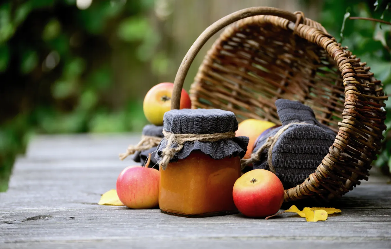 Photo wallpaper autumn, leaves, background, apples, Board, food, garden, Bank