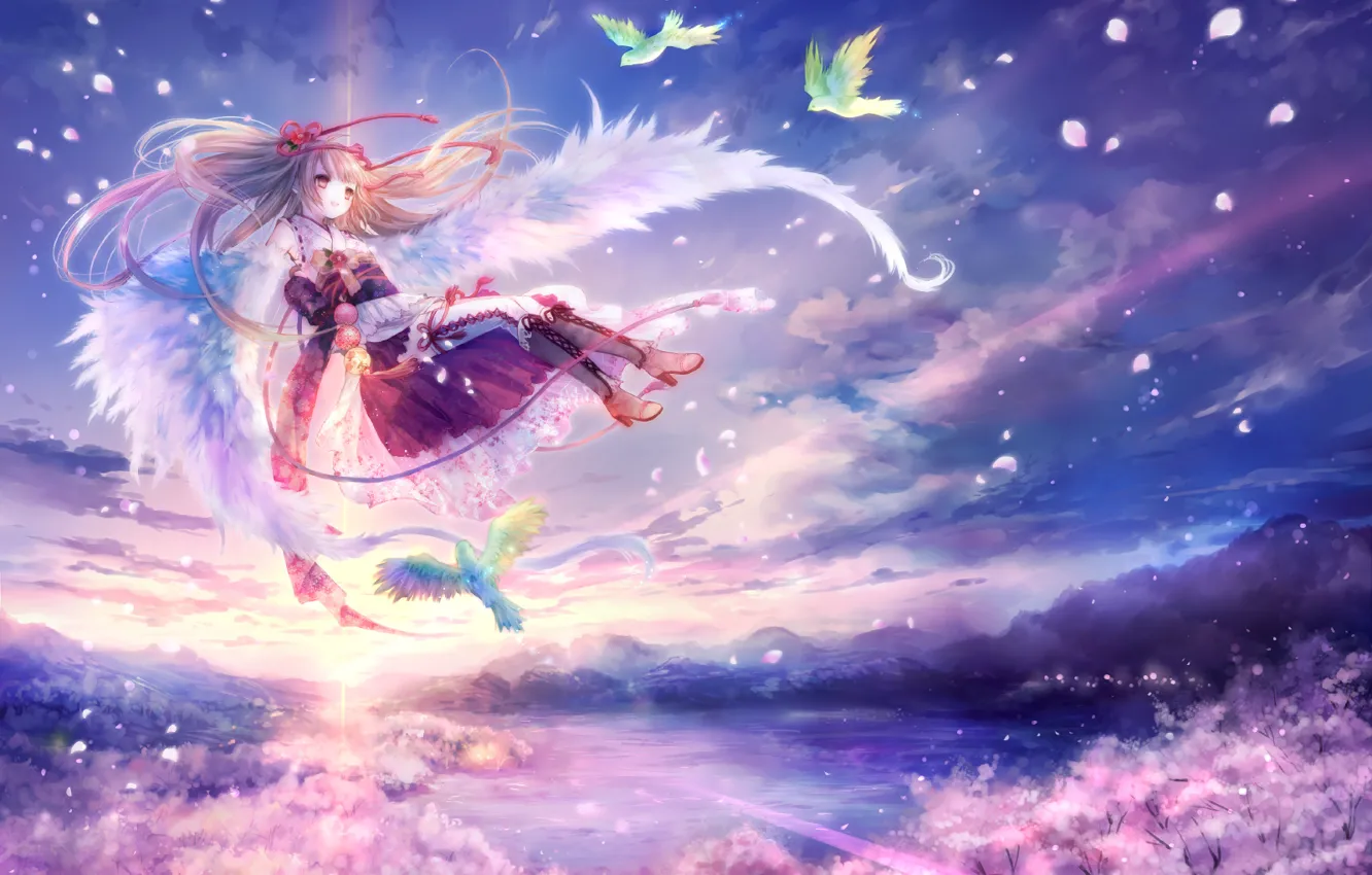 Photo wallpaper wings, angel, anime, Sakura, birds