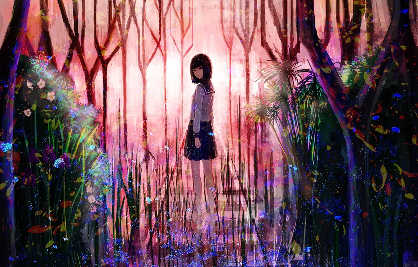 Photo wallpaper forest, girl, ladder