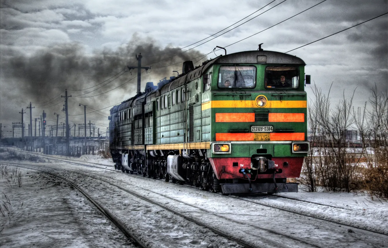 Photo wallpaper winter, hdr, railroad, locomotive