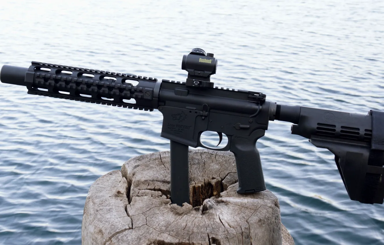 Photo wallpaper gun, weapon, nature, wood, lake, 9mm, rifle, AR-15