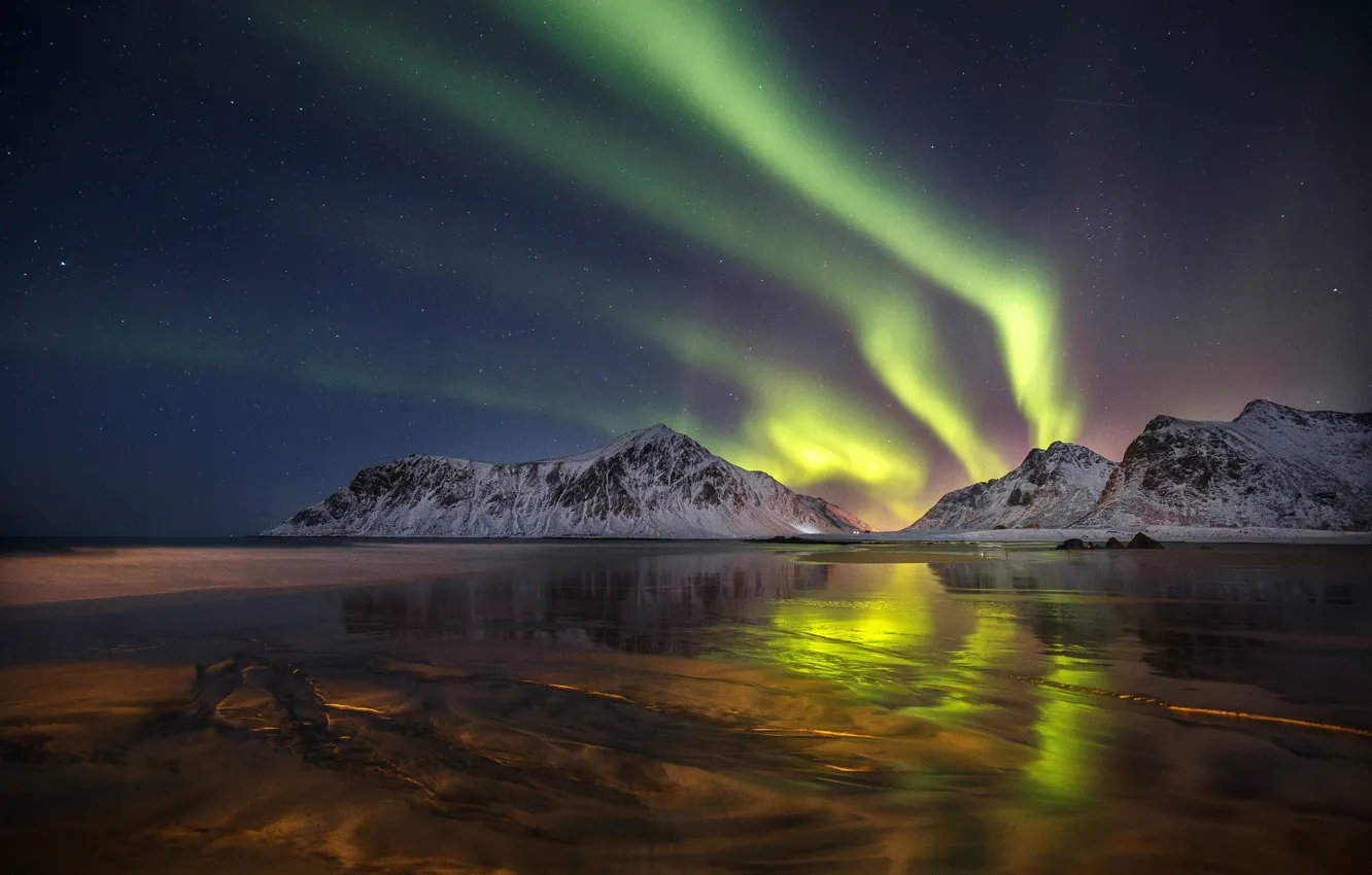 Photo wallpaper mountains, night, reflection, Northern lights, Norway