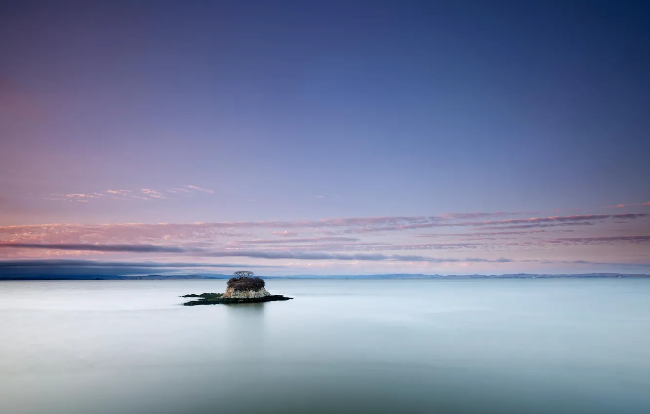 Photo wallpaper landscape, sunset, lake, island. rock