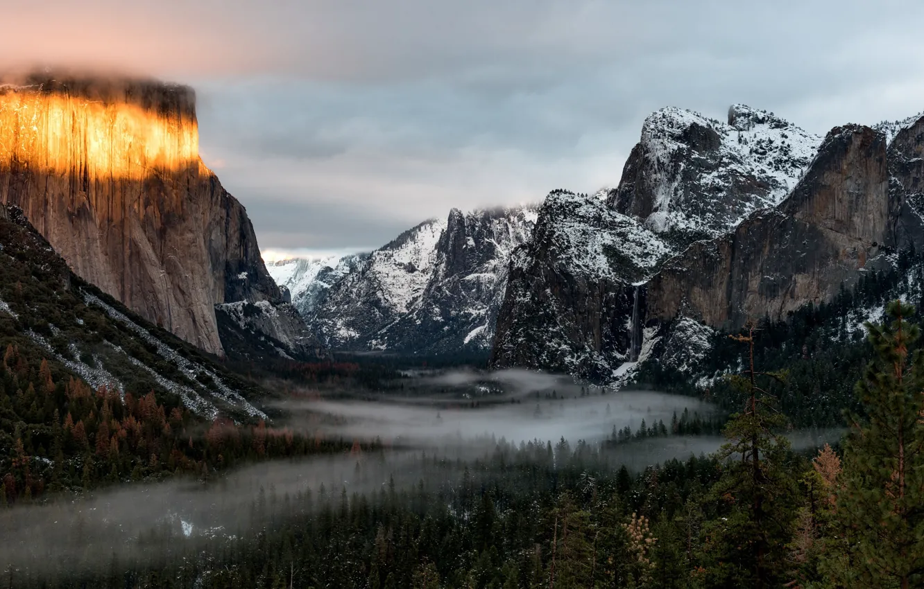 Photo wallpaper the sky, clouds, snow, trees, mountains, nature, rocks, USA