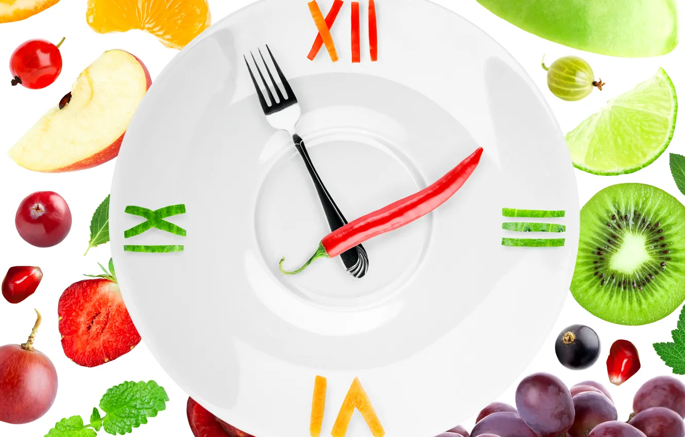 Photo wallpaper berries, creative, arrows, lemon, watch, kiwi, strawberry, plate