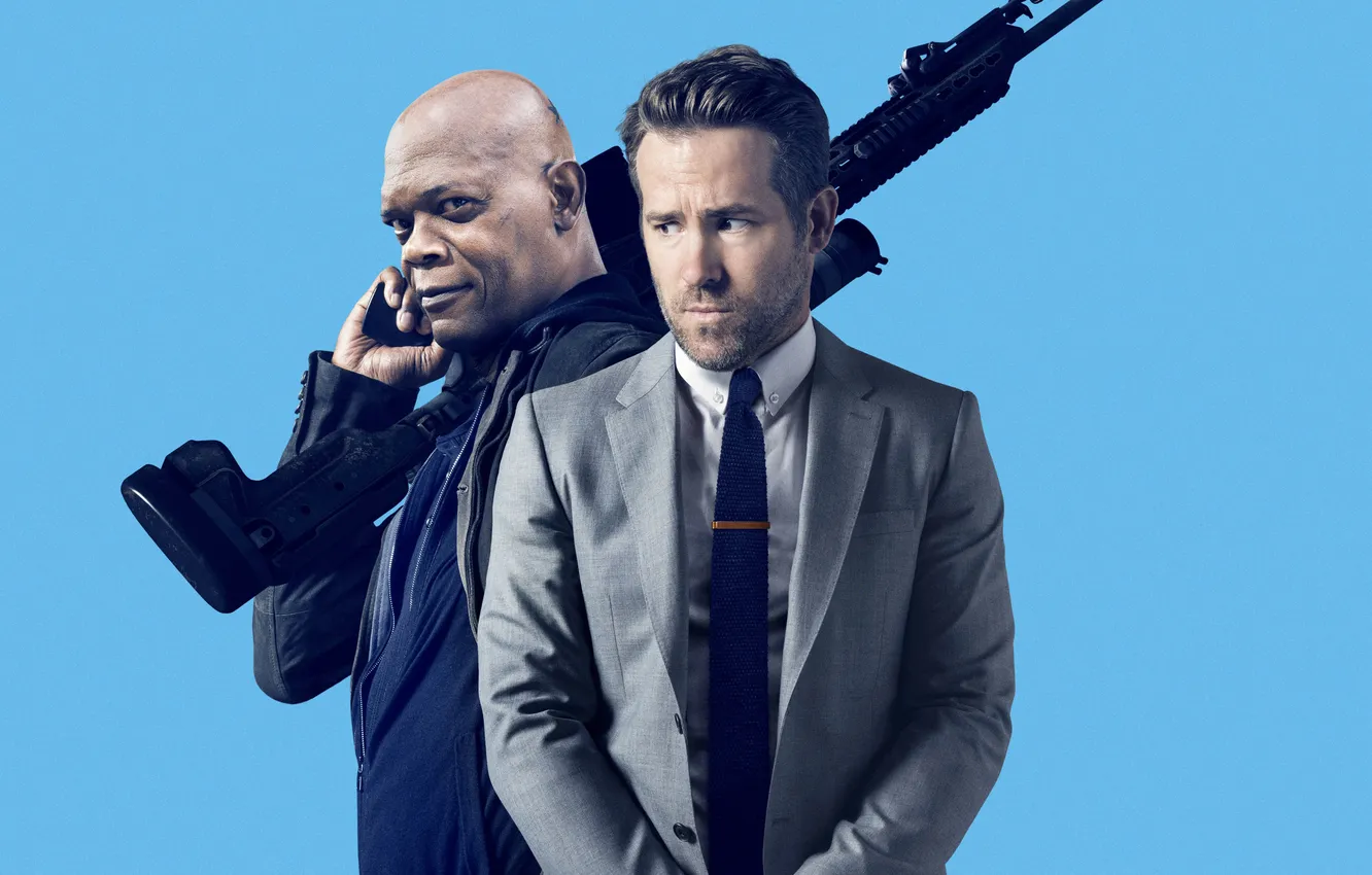 Photo wallpaper weapons, costume, Ryan Reynolds, Ryan Reynolds, rifle, action, poster, blue background
