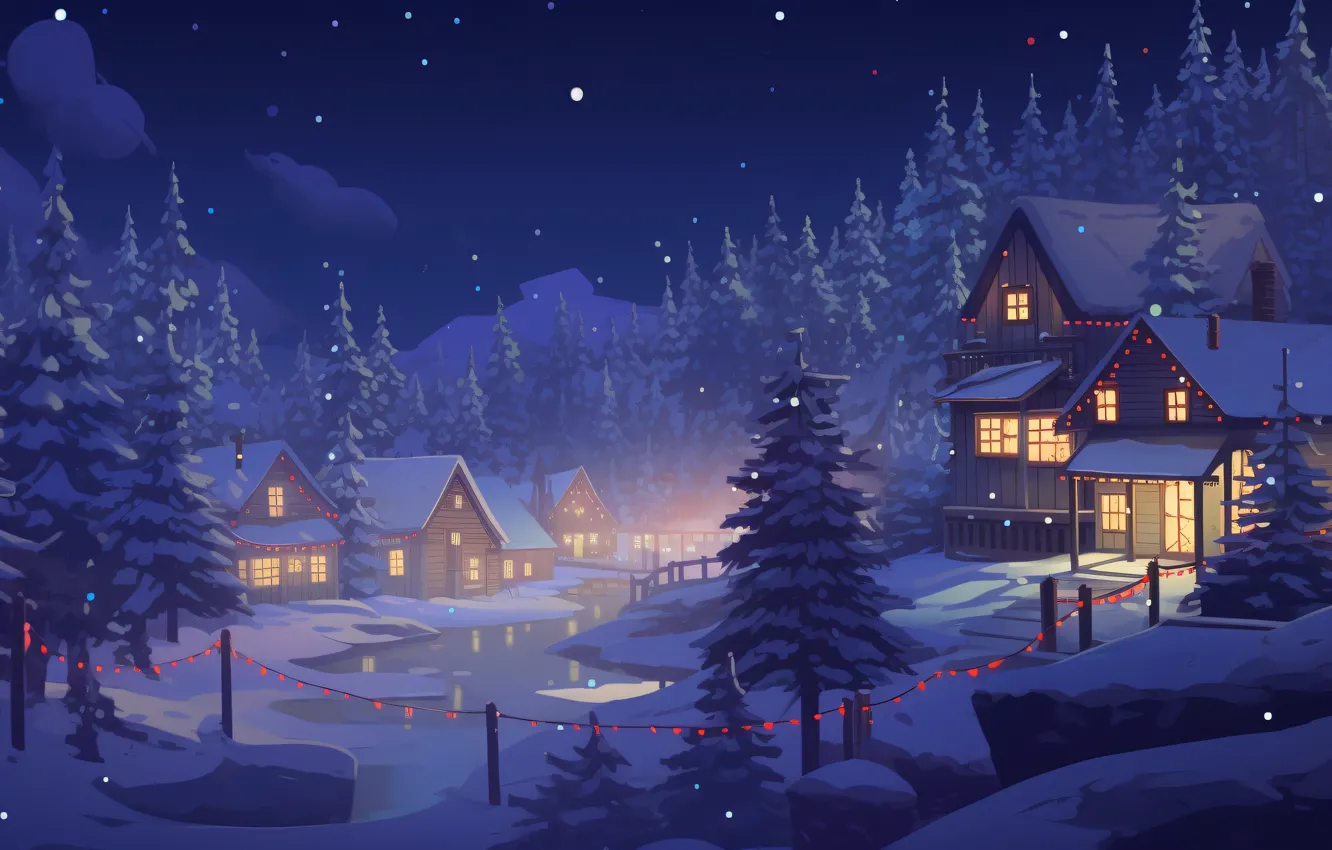 Photo wallpaper winter, snow, holiday, graphics, tree, new year, home, Christmas