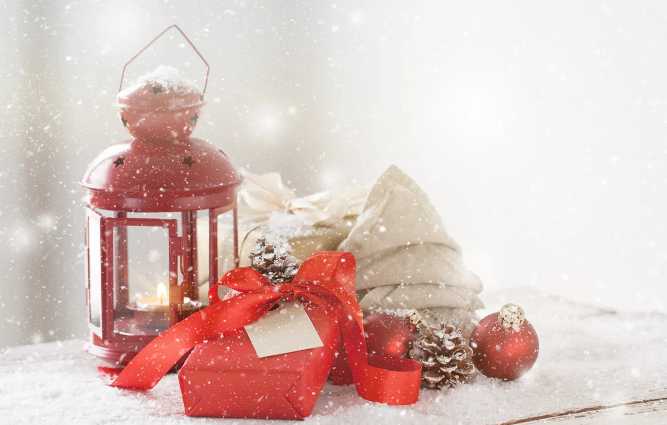 Photo wallpaper winter, snow, background, gift, ball, New Year, lantern, tape