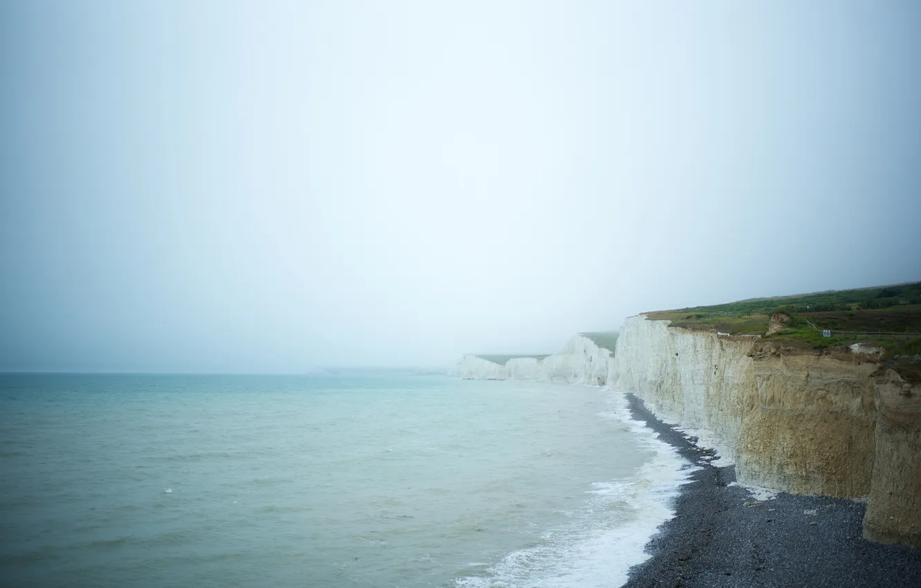 Photo wallpaper sea, beach, rocks, England, rainy, Sussex, Seven sisters cliffs