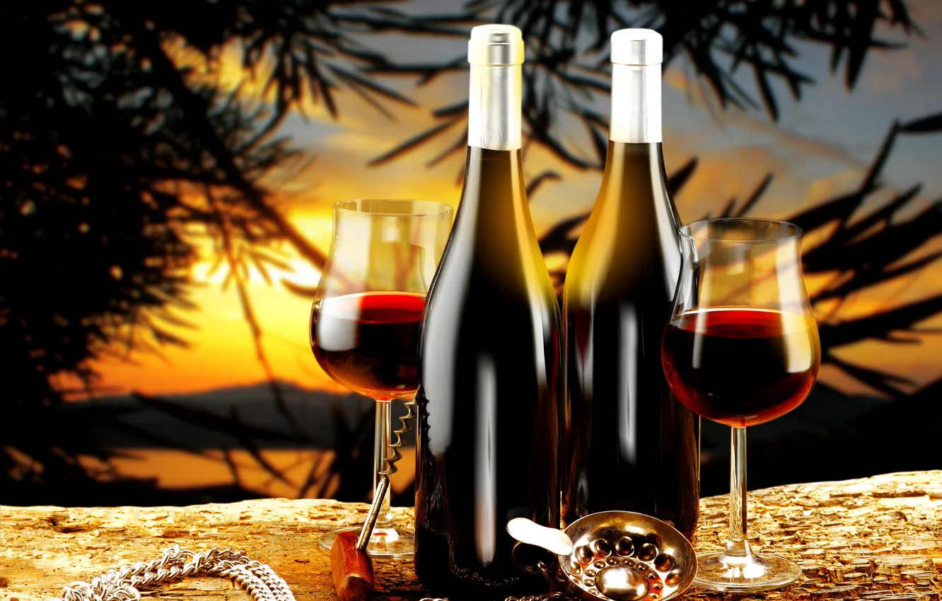 Photo wallpaper landscape, sunset, wine, glasses, bottle, corkscrew