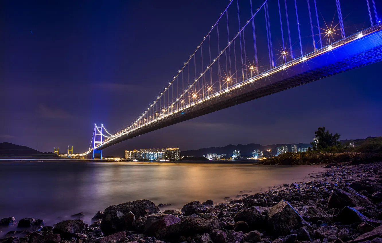 Photo wallpaper night, bridge, lights, stones, shore, Hong Kong, Tsing Yi, Sai Tso Wan