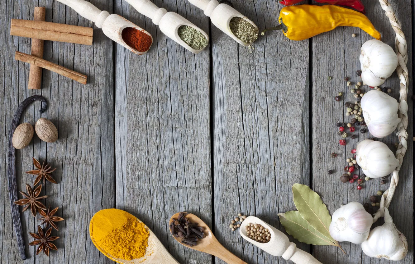 Photo wallpaper pepper, cinnamon, spices, garlic, seasoning, clove, star anise, curry