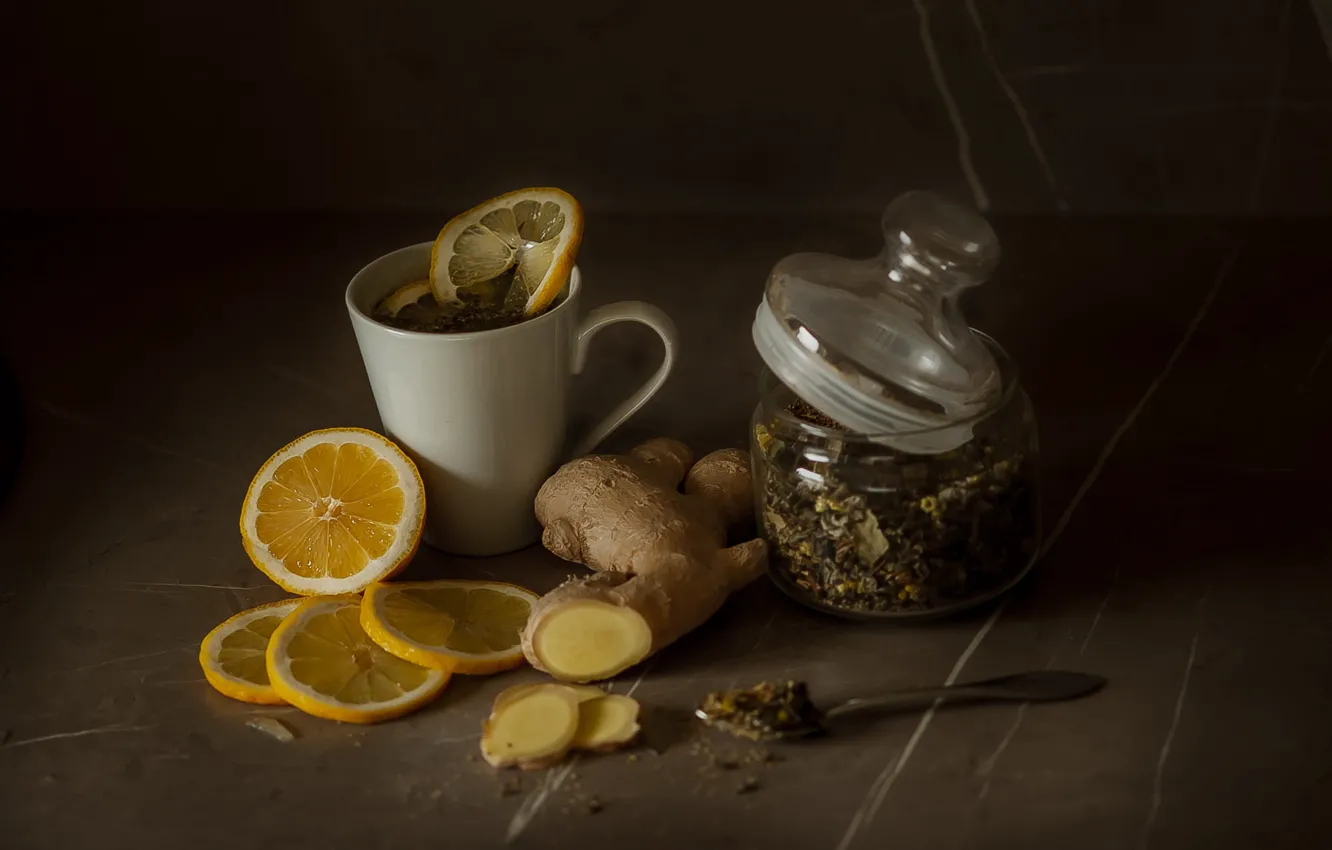 Photo wallpaper lemon, tea, mug, Bank, welding, ginger