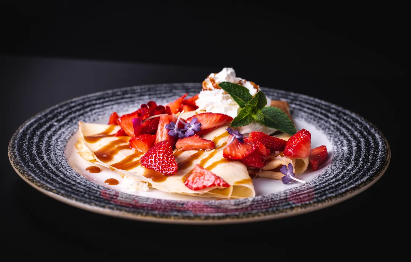 Photo wallpaper background, black, strawberry, pancakes, dessert, syrup, whipped cream