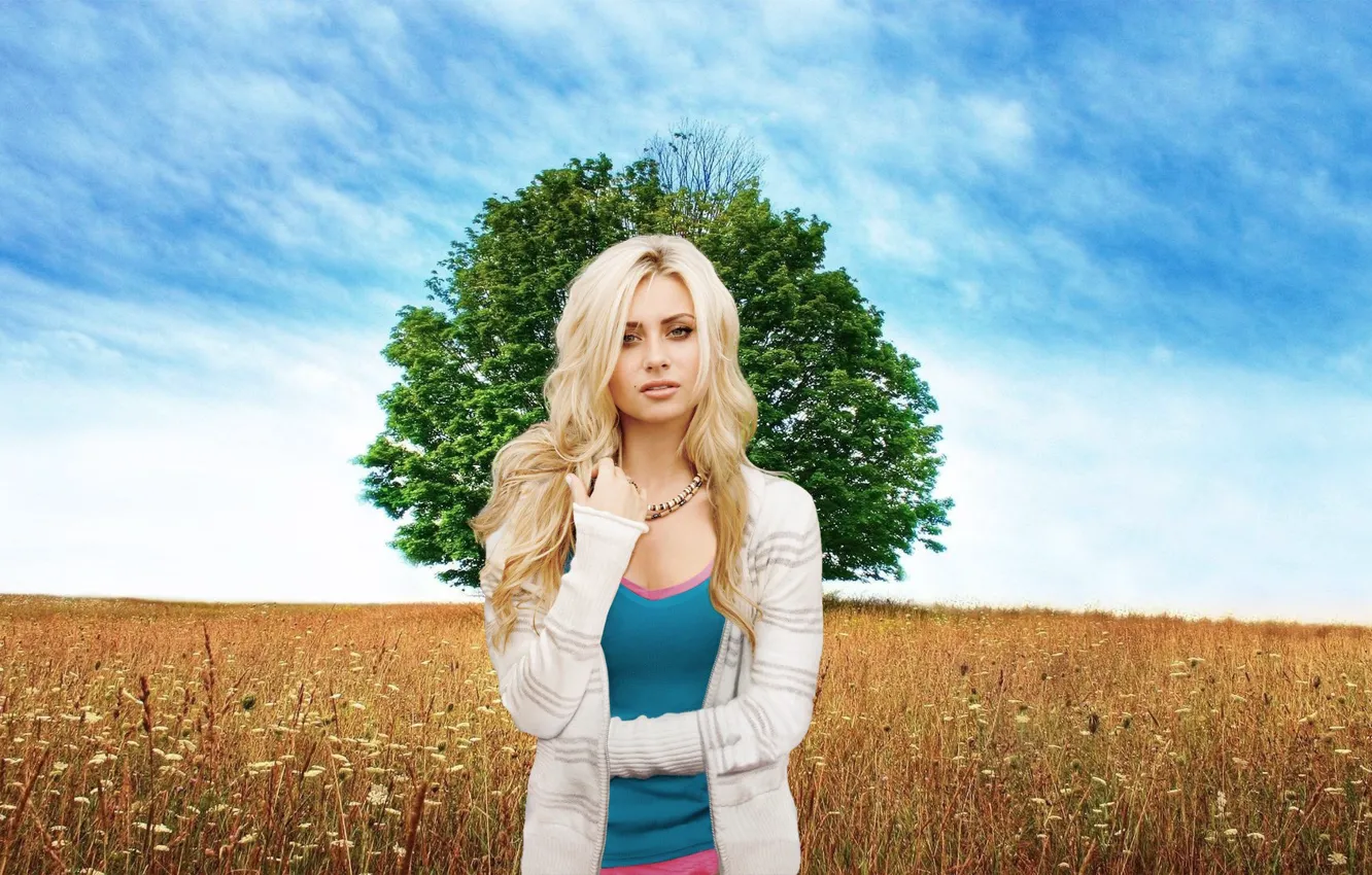 Photo wallpaper field, the sky, girl, tree, meadow, blonde, beautiful