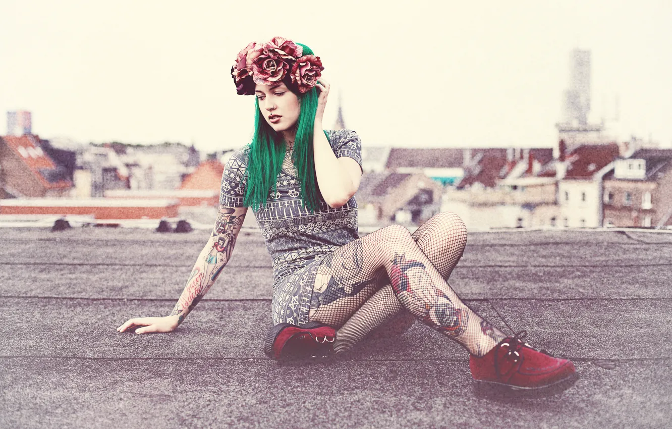 Photo wallpaper roof, green hair, legs, tattoos, roofs, Crown of flowers, red shoes, green hair