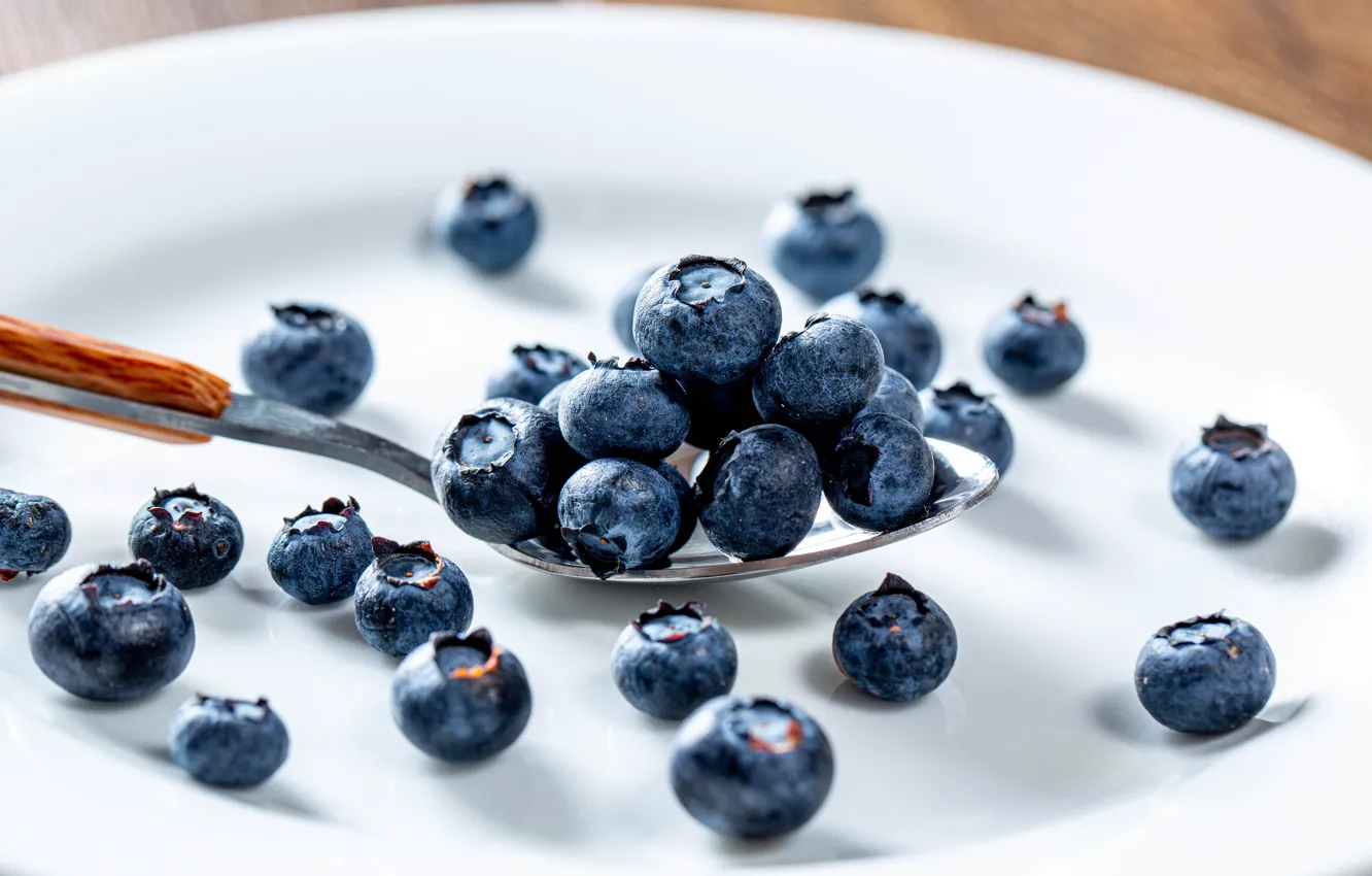 Photo wallpaper berries, table, blueberries, plate, spoon, placer