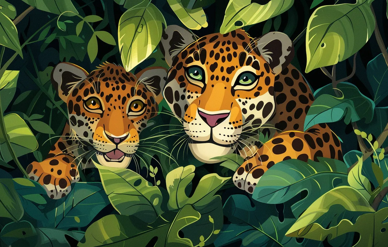 Photo wallpaper look, leaves, predator, Jaguar, cub, kitty, two, face