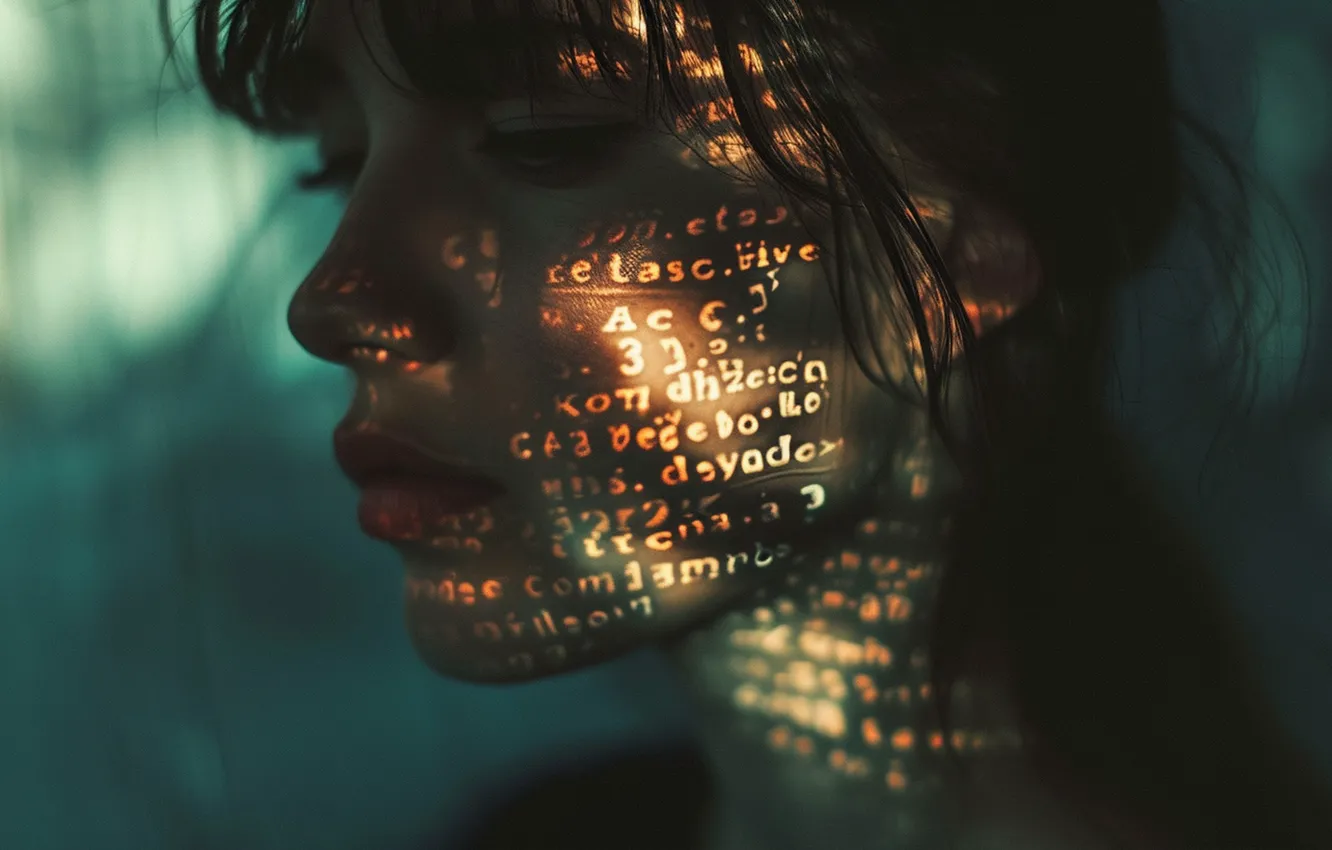 Photo wallpaper look, girl, light, glare, the inscription, portrait, code, figures