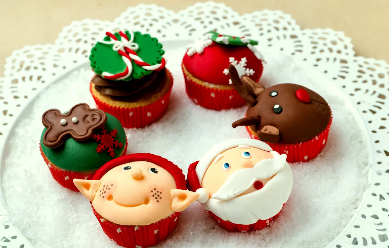 Photo wallpaper deer, Santa Claus, dwarf, napkin, cupcakes