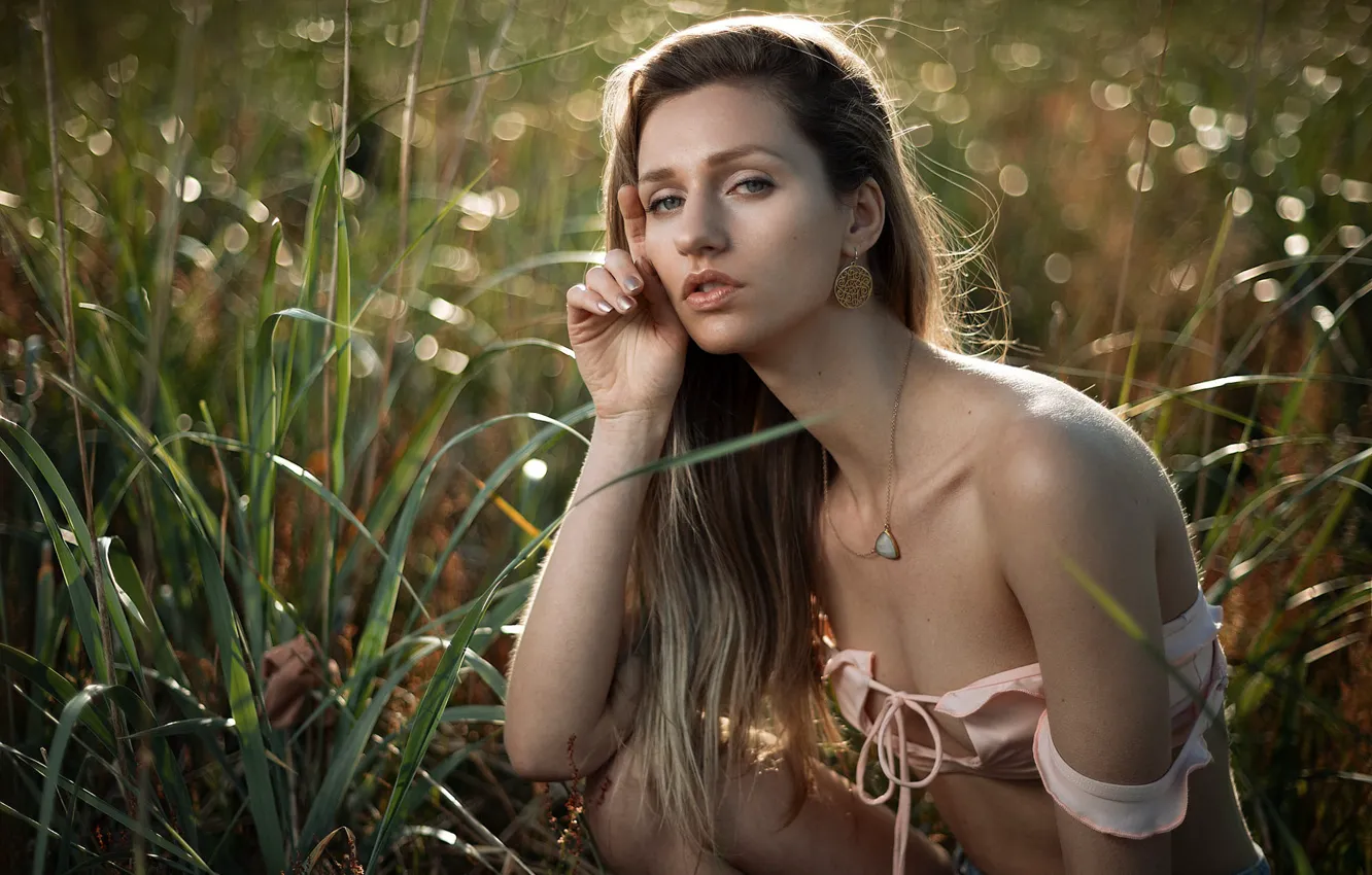 Photo wallpaper field, grass, girl, light, nature, pose, glare, glade