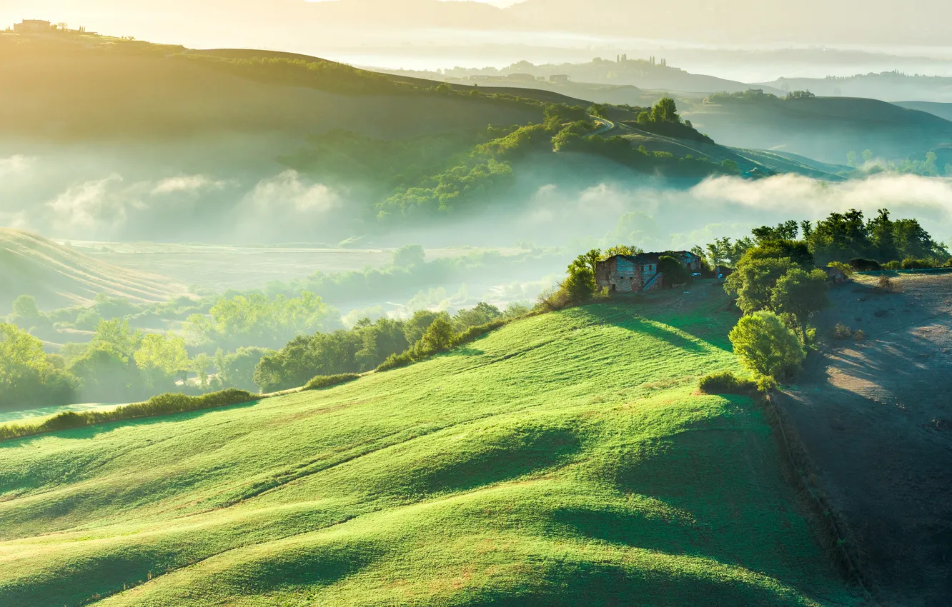 Photo wallpaper landscape, nature, fog, hills