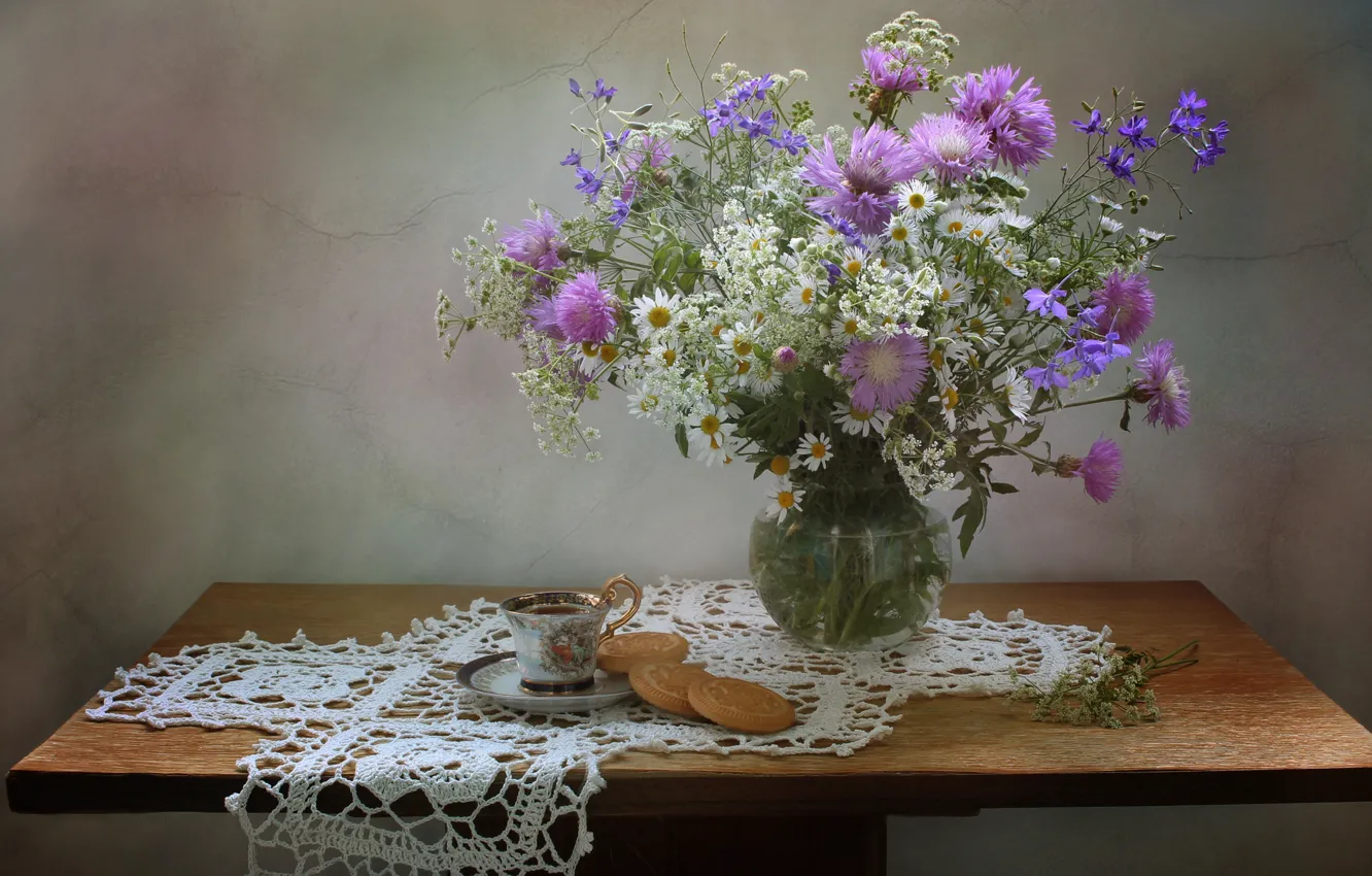 Photo wallpaper summer, flowers, cookies, still life, field, porcelain