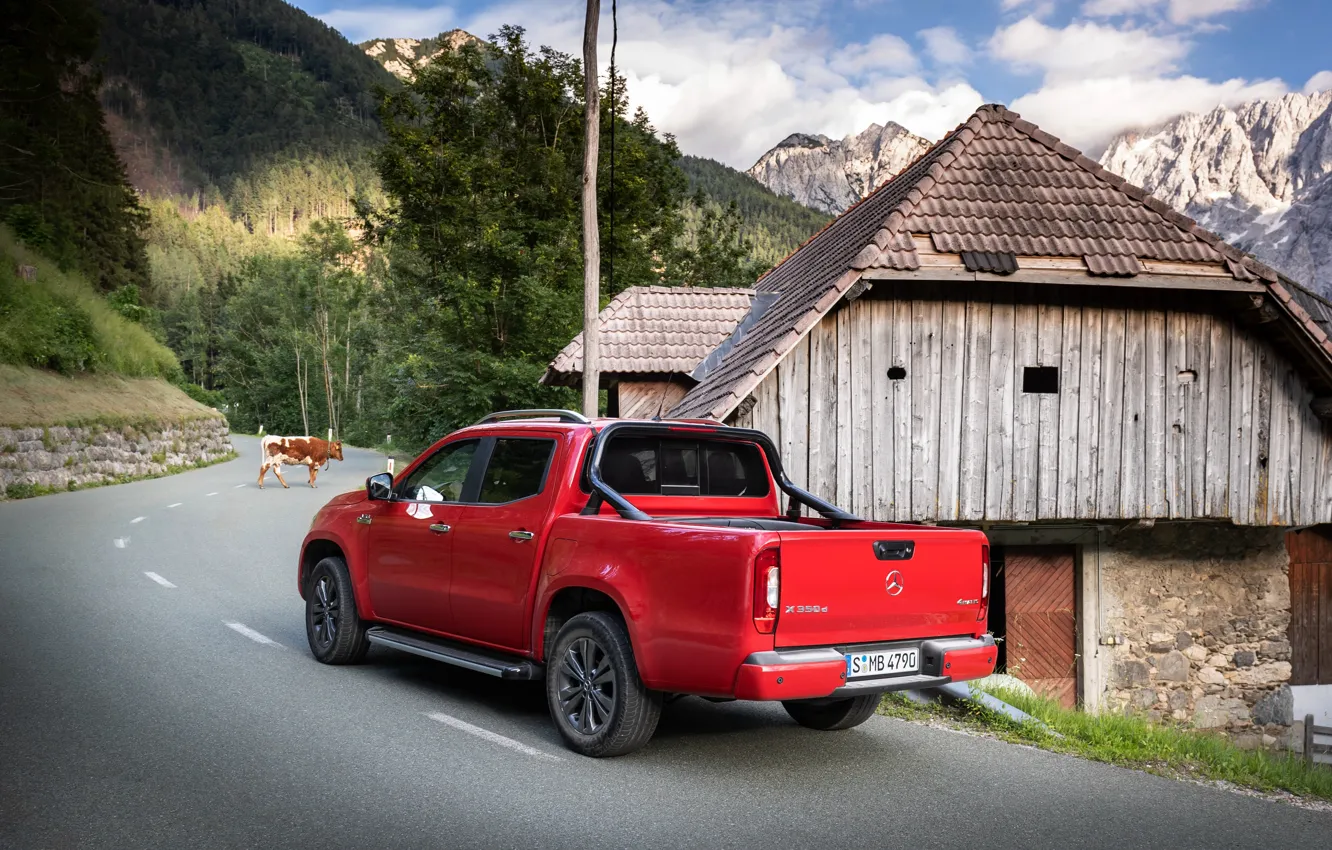 Photo wallpaper road, mountains, red, house, Mercedes-Benz, pickup, 2018, X-Class