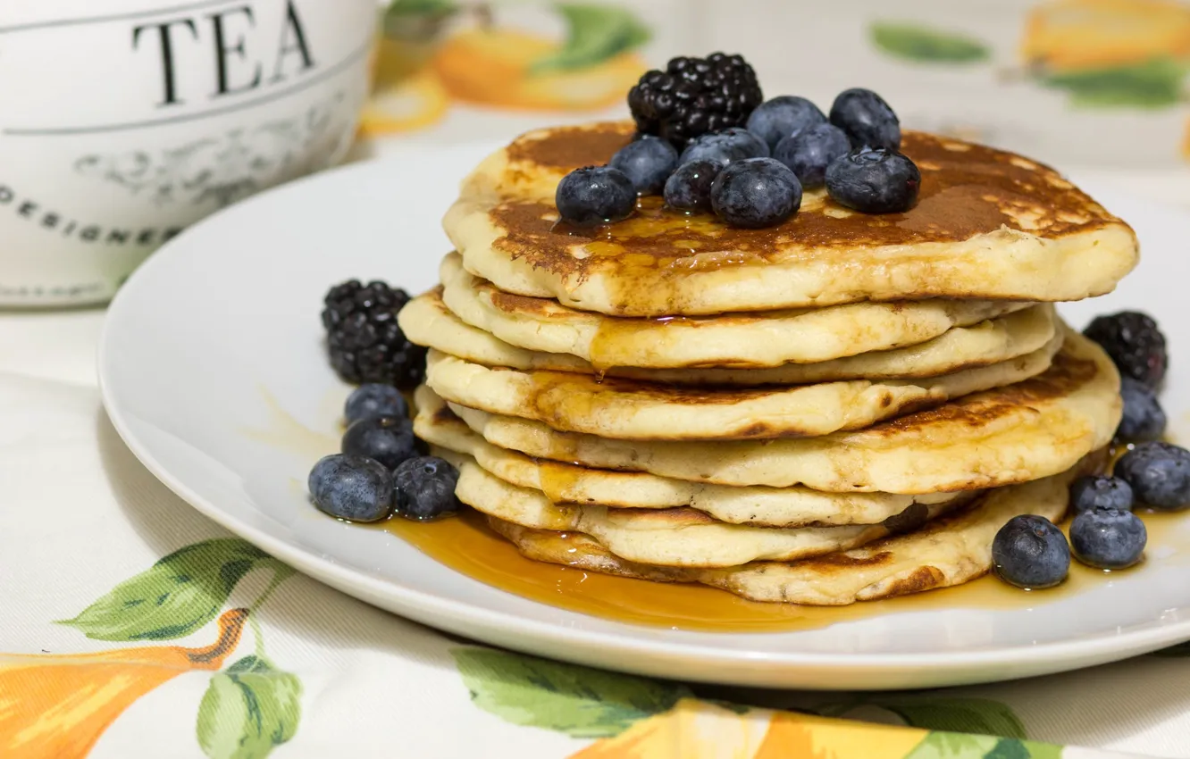 Photo wallpaper berries, table, tea, blueberries, honey, plate, stack, cakes