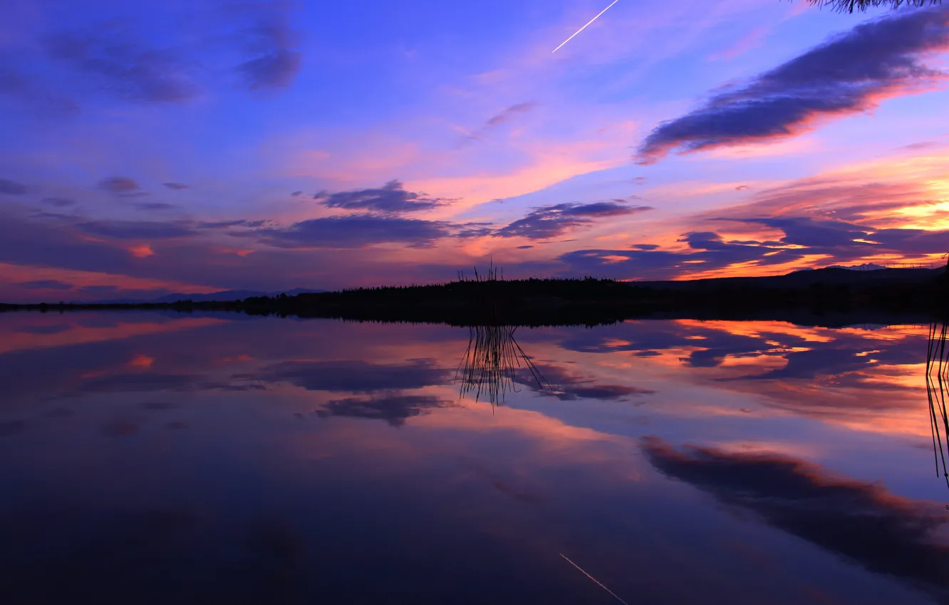 Photo wallpaper sunset, lake, reflection, the evening