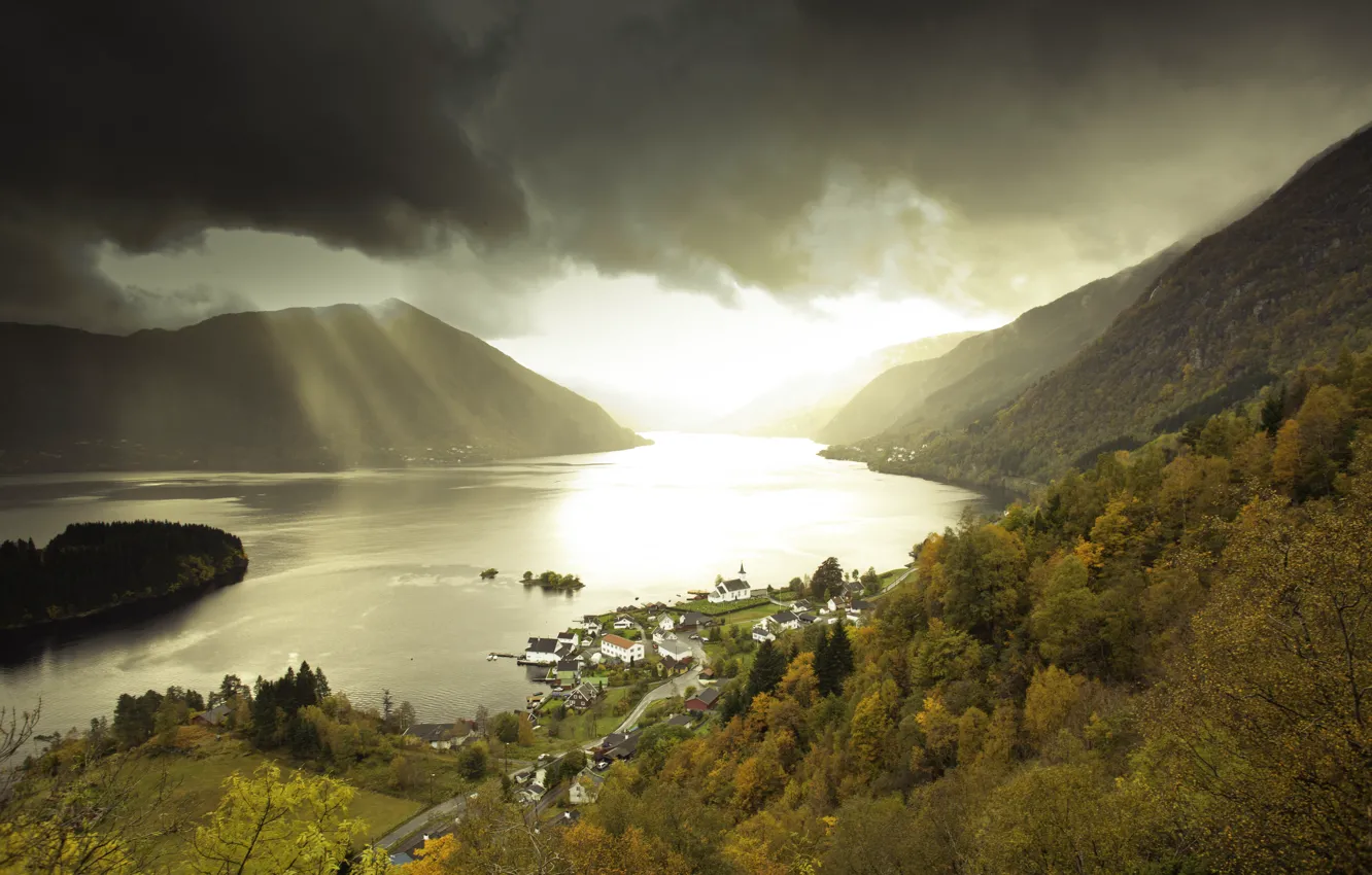 Photo wallpaper the sun, clouds, trees, mountains, river, street, storm, village