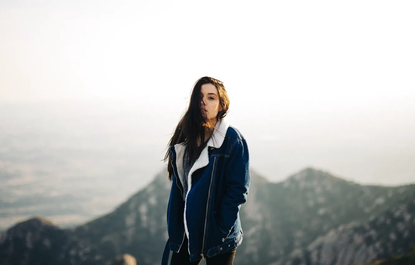 Photo wallpaper look, the sun, landscape, mountains, model, portrait, makeup, brunette