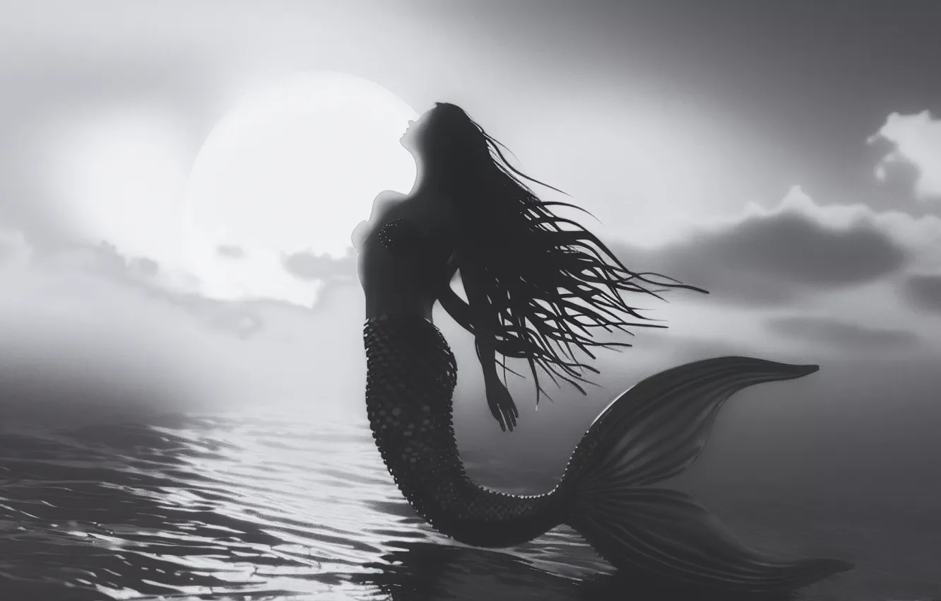 Photo wallpaper water, girl, jump, hair, mermaid, tail, black and white, digital art