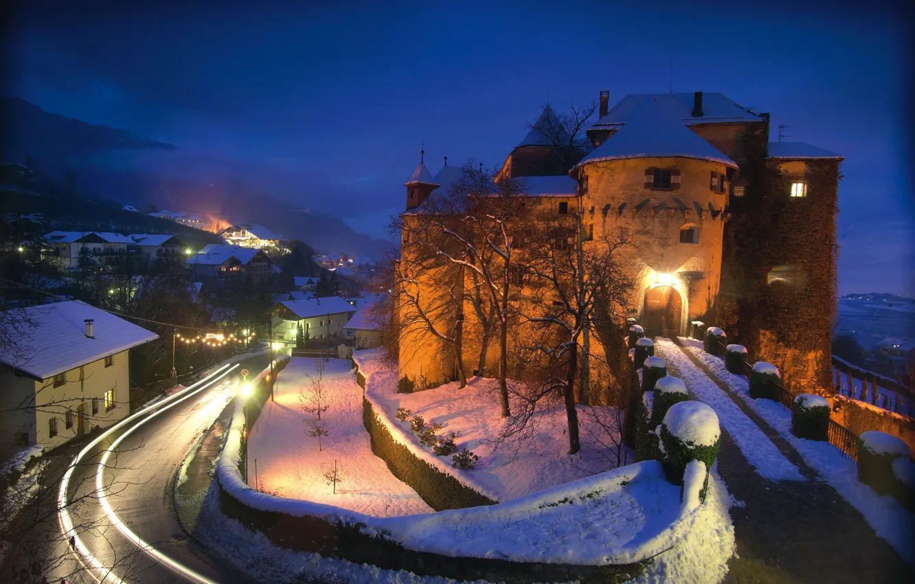 Photo wallpaper lights, road, trees, Italy, winter, snow, evening, houses
