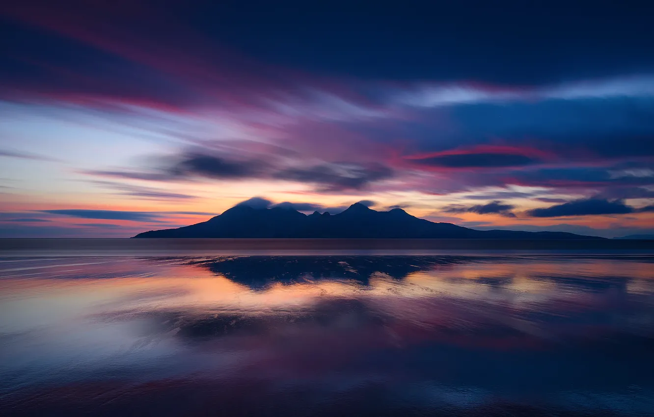 Photo wallpaper beach, clouds, mountains, island, the evening, Scotland, The Atlantic ocean, Egg