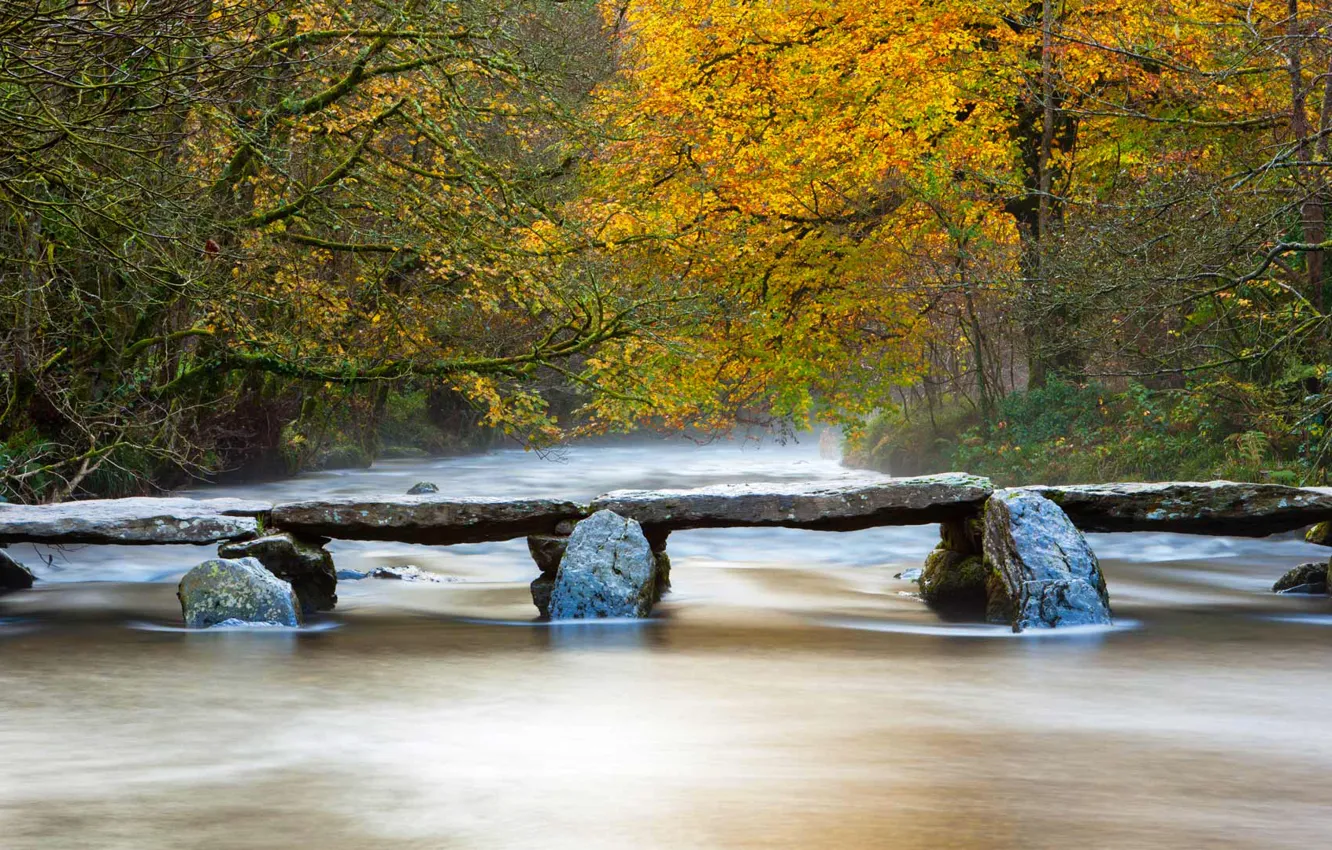 Photo wallpaper bridge, river, England, Somerset, Exmoor National Park, Barl, Tarr Steps Clapper Bridge