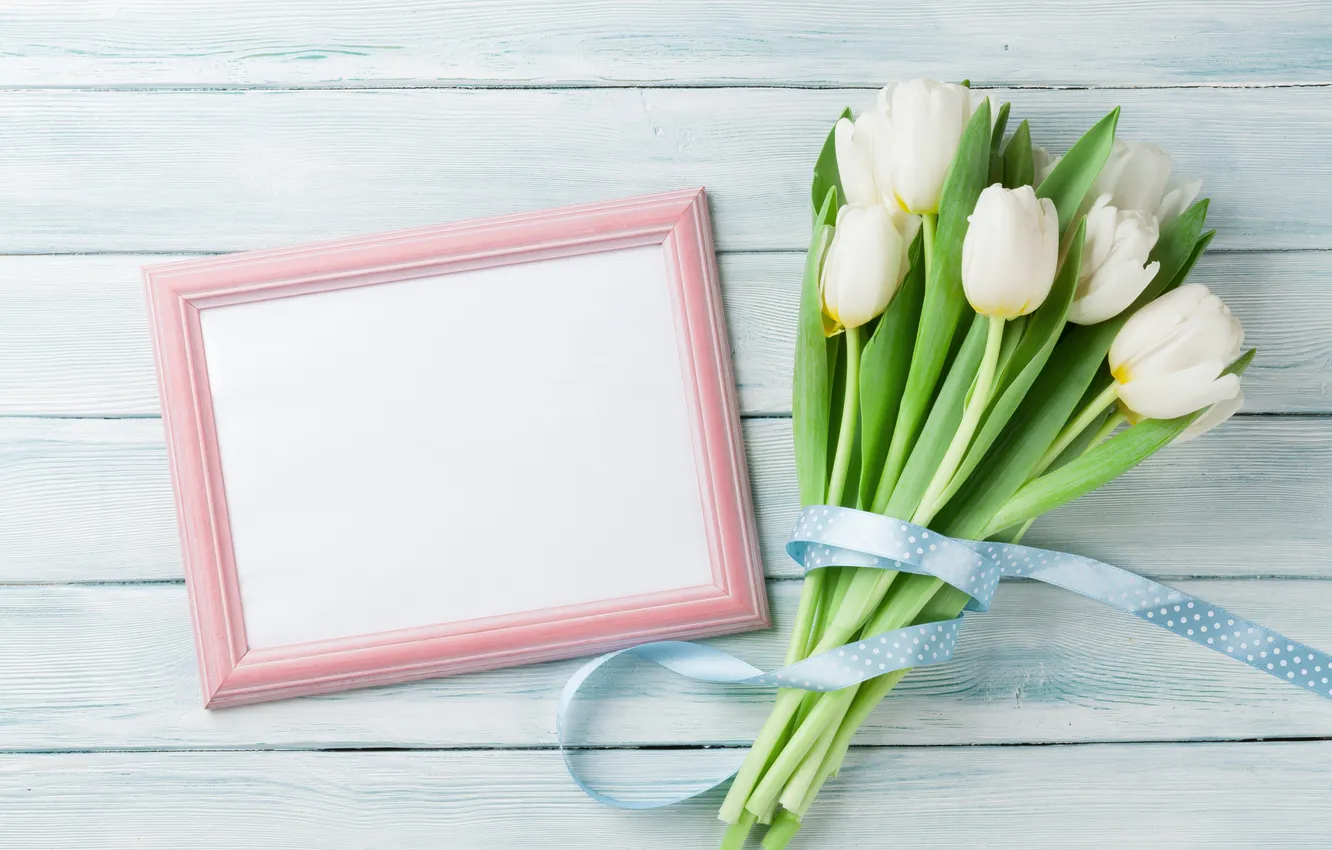 Photo wallpaper flowers, bouquet, frame, tulips, white, wood, flowers, tulips