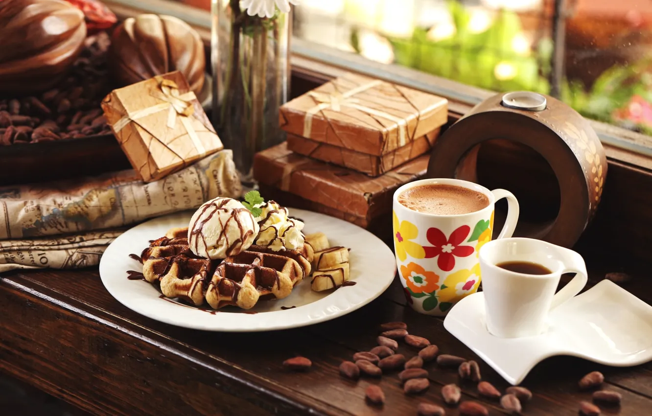 Photo wallpaper coffee, window, ice cream, waffles, box
