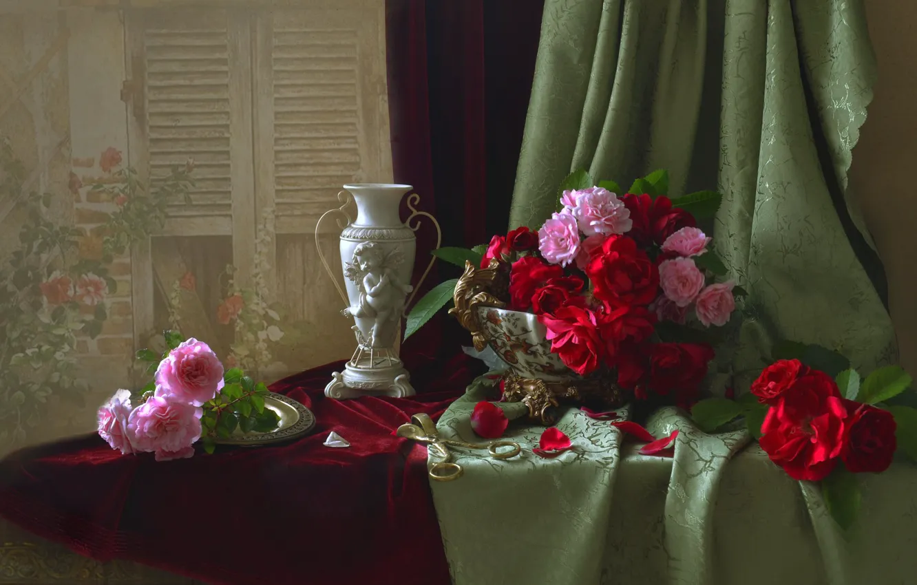 Photo wallpaper flowers, table, roses, vase, still life, drape, Valentina Fencing