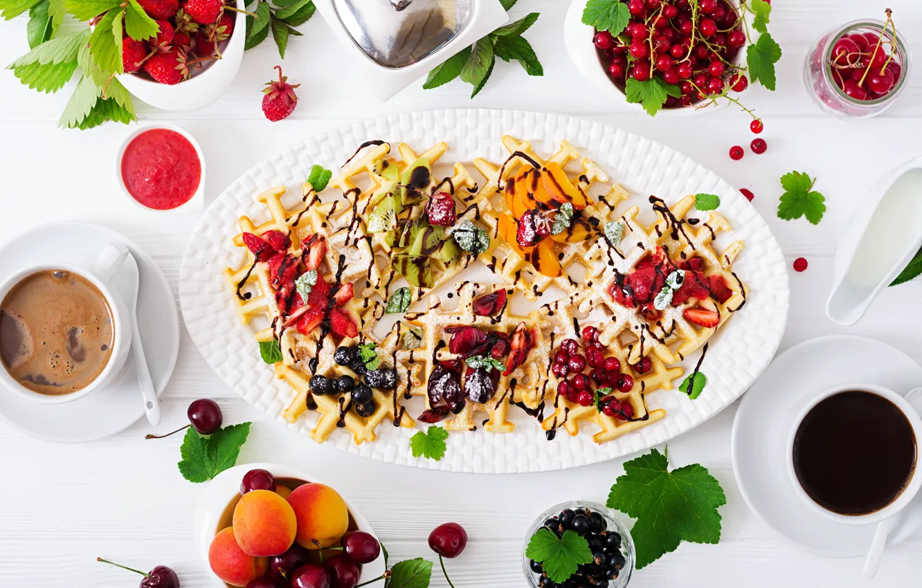 Photo wallpaper berries, coffee, chocolate, Breakfast, waffles, Timolina