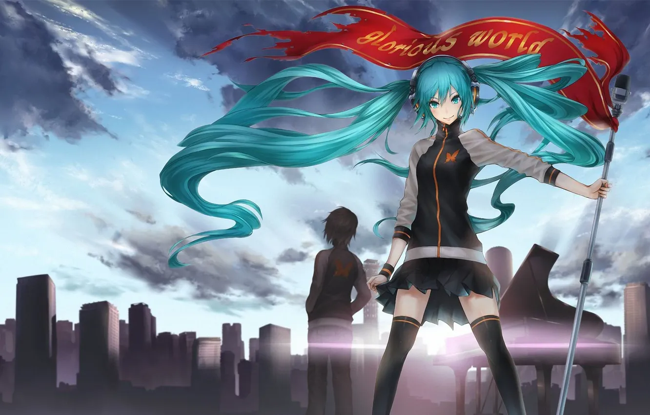Photo wallpaper girl, the city, flag, piano, art, guy, vocaloid, hatsune miku