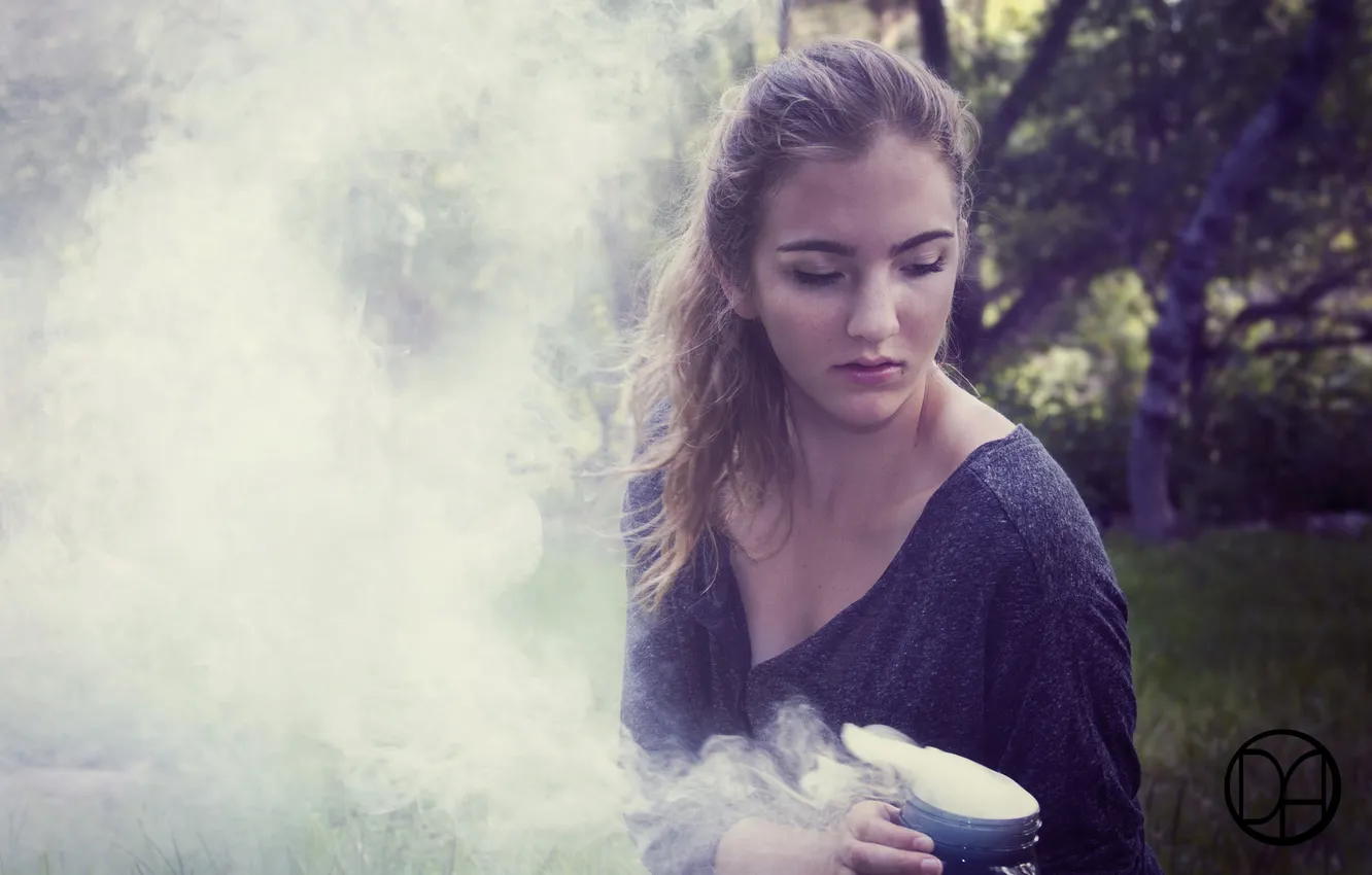 Photo wallpaper girl, smoke, Cup