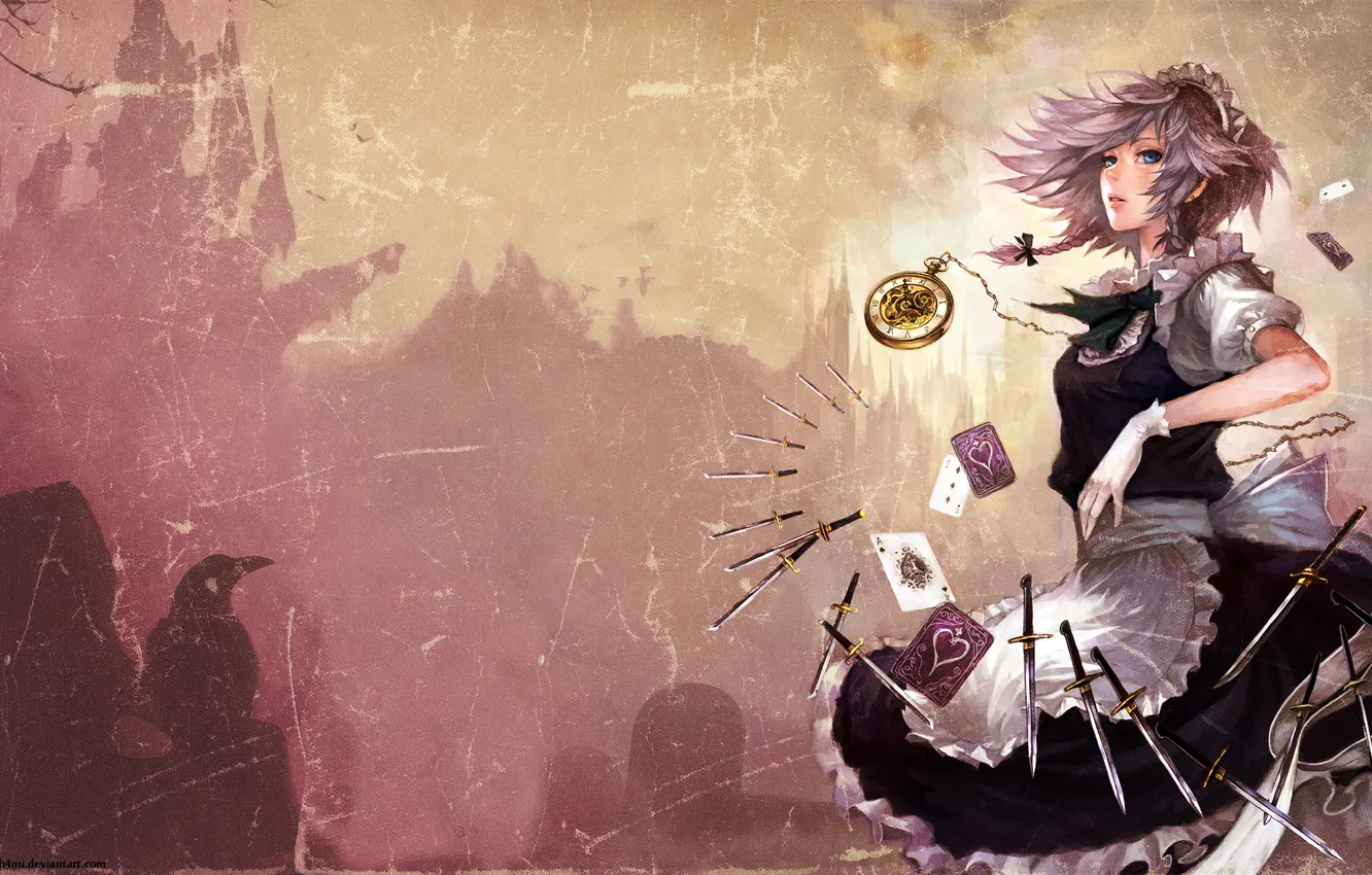 Photo wallpaper watch, map, knife, Izayoi Sakuya