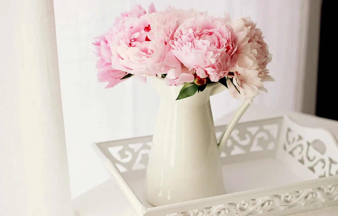 Photo wallpaper vase, tray, peonies