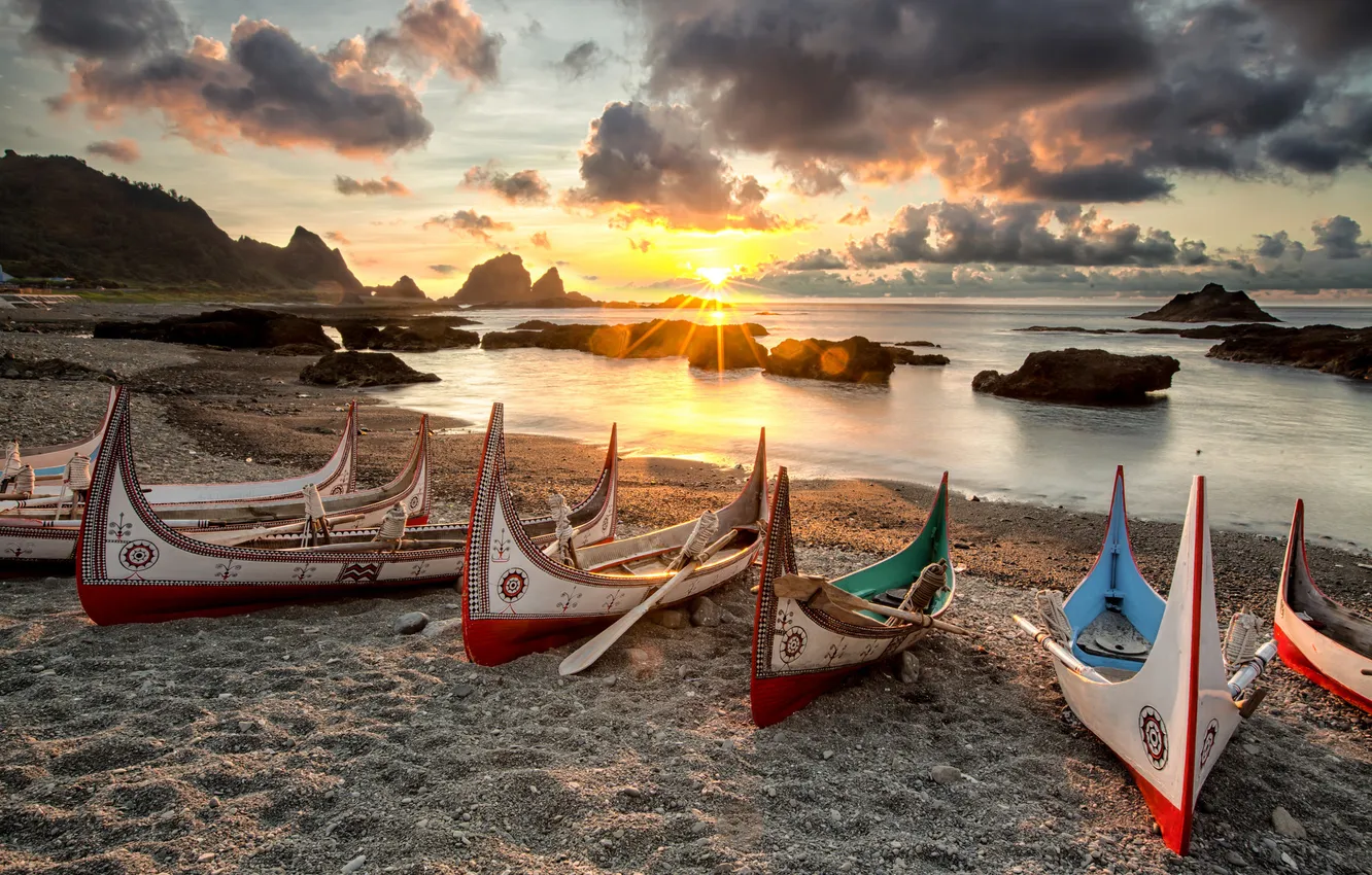 Photo wallpaper sea, boat, morning