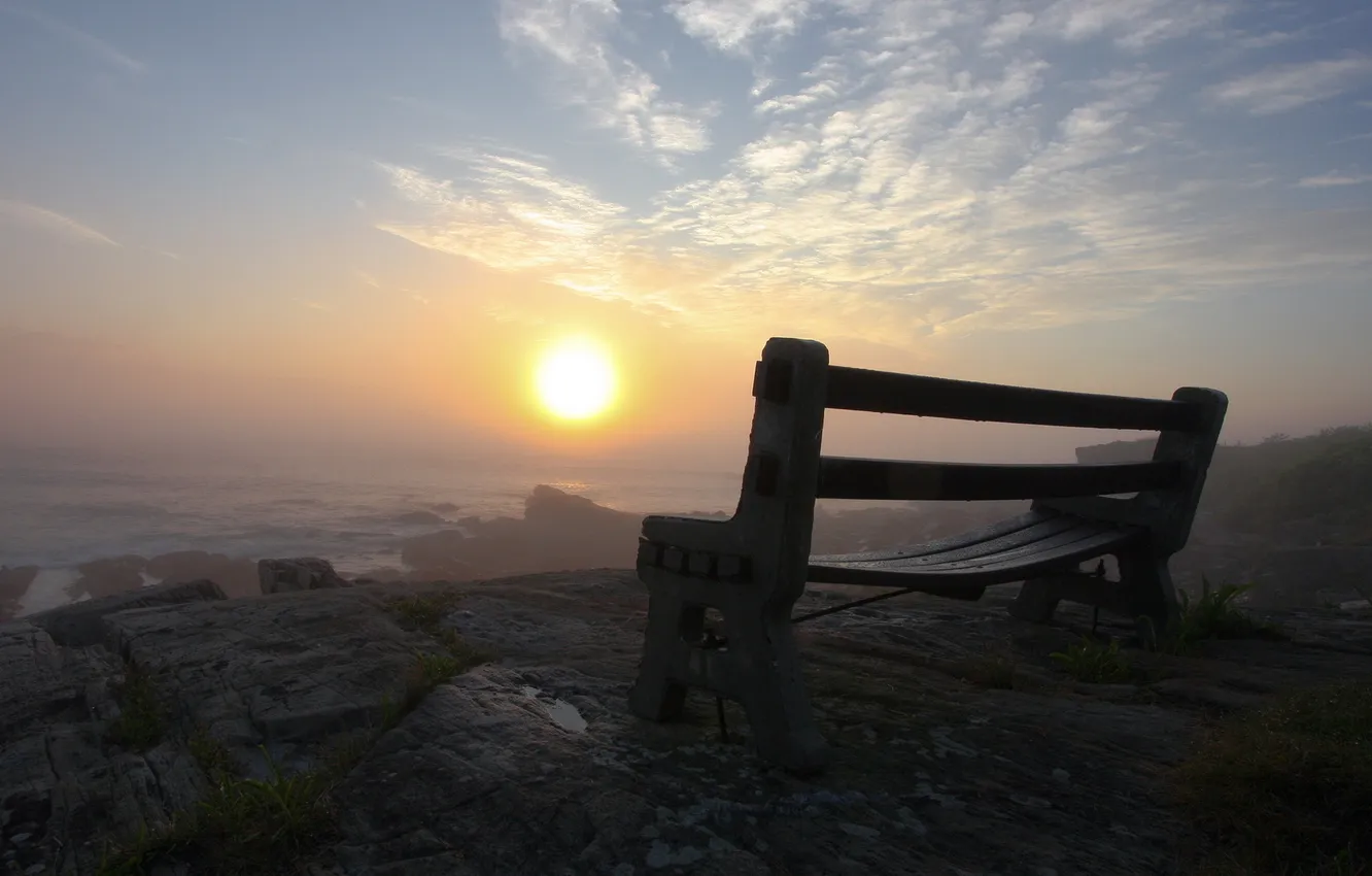 Photo wallpaper sea, landscape, morning, bench