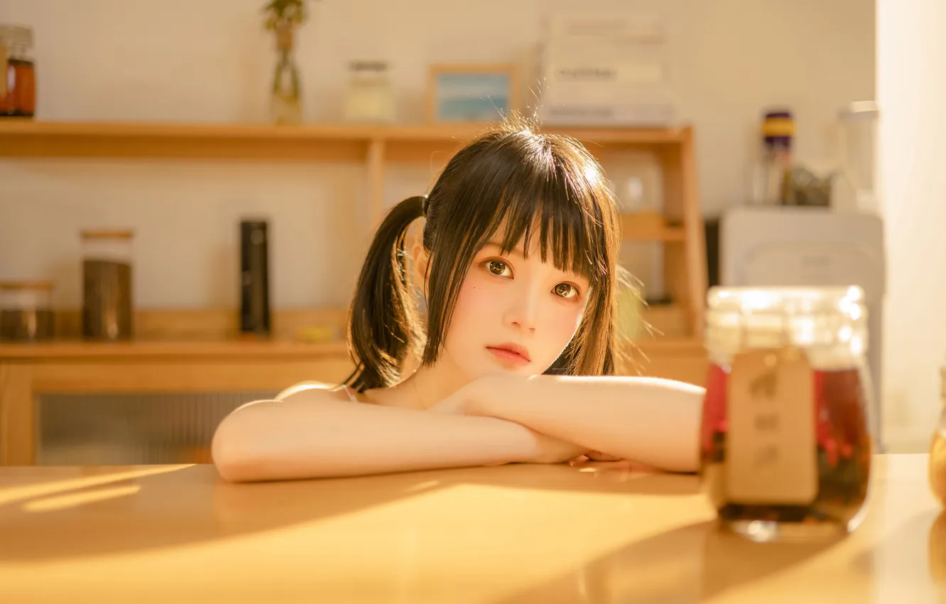 Photo wallpaper woman, beautiful, model, pretty, asian, cute, table, sunlight