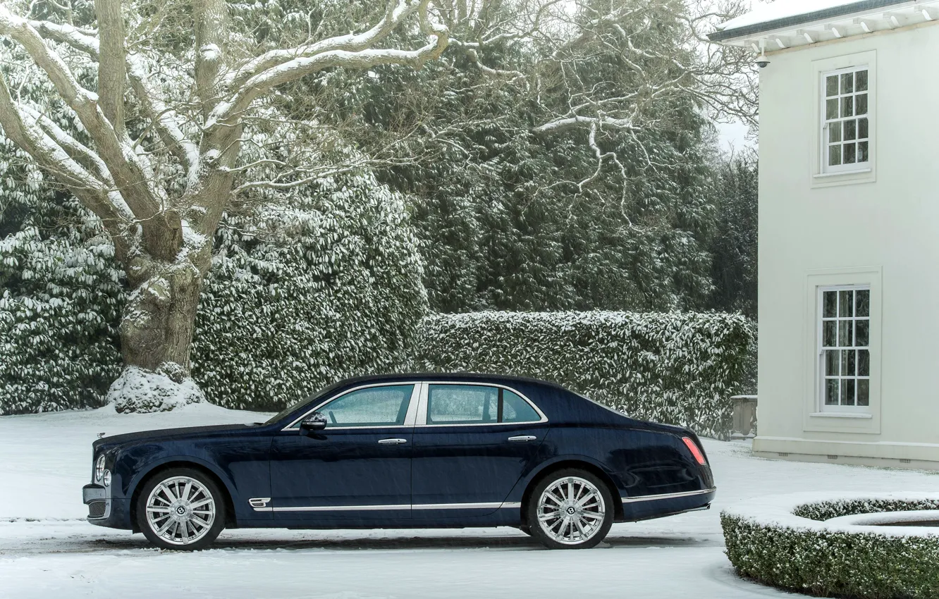 Photo wallpaper Winter, Auto, Bentley, Blue, Snow, Machine, The building, sedan